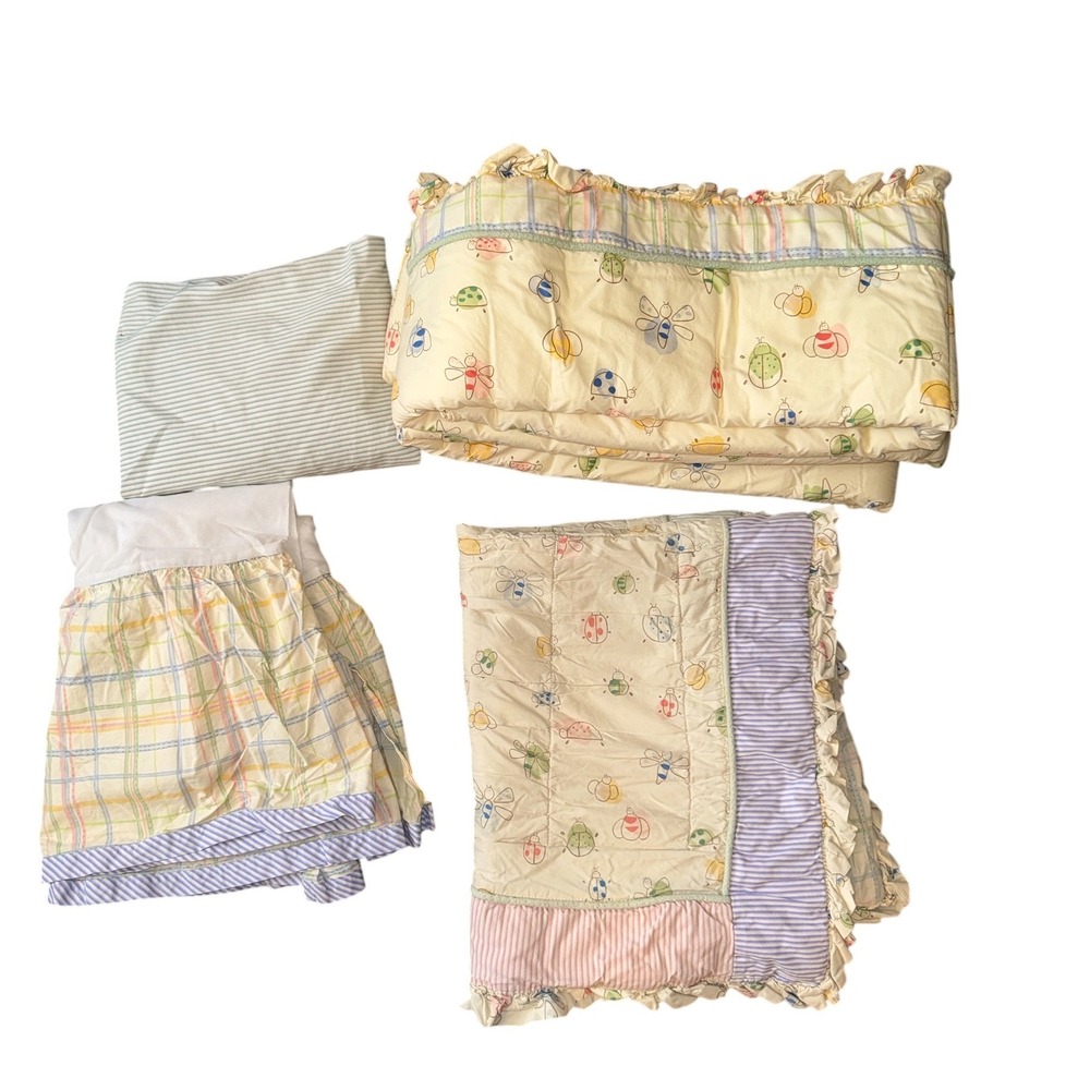 Sumersault Crib Bedding Set Kids OS Yellow Vintage Ladybug Bee 4pc Cotton